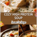 Creamy bowl of high protein chicken pot pie soup topped with herbs under cozy fall lighting for Clean Soups Recipes.